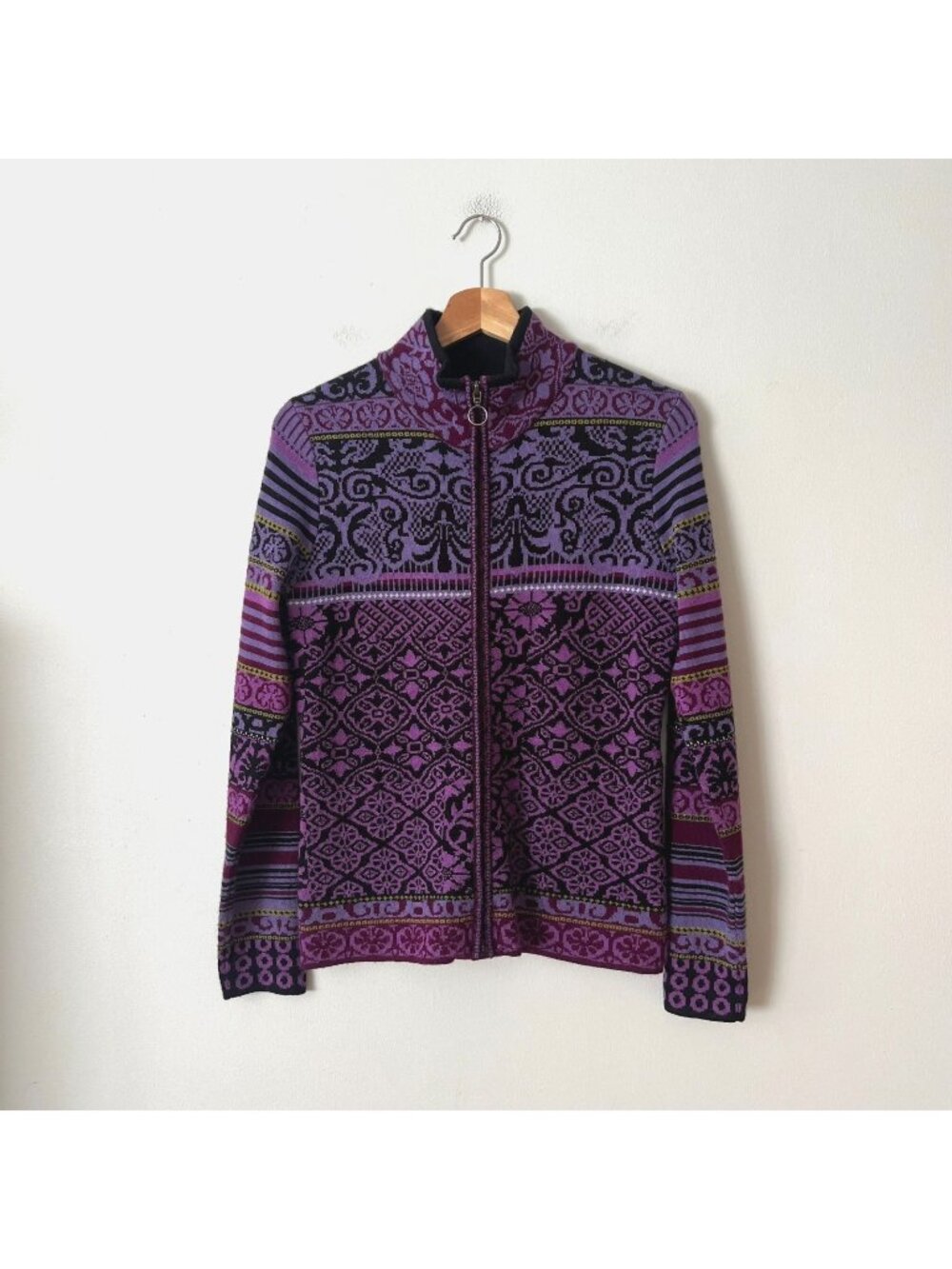 Icelandic Design Merino Wool Blend Full Zip Sweater Purple Black Women's Size S